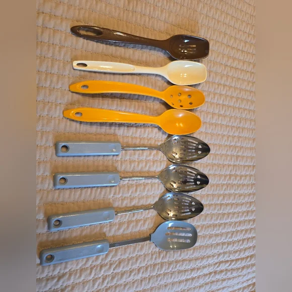 Vintage Kitchen Spoons and Slotted Utensils - Yellow, Blue, cream - Picture 1 of 5